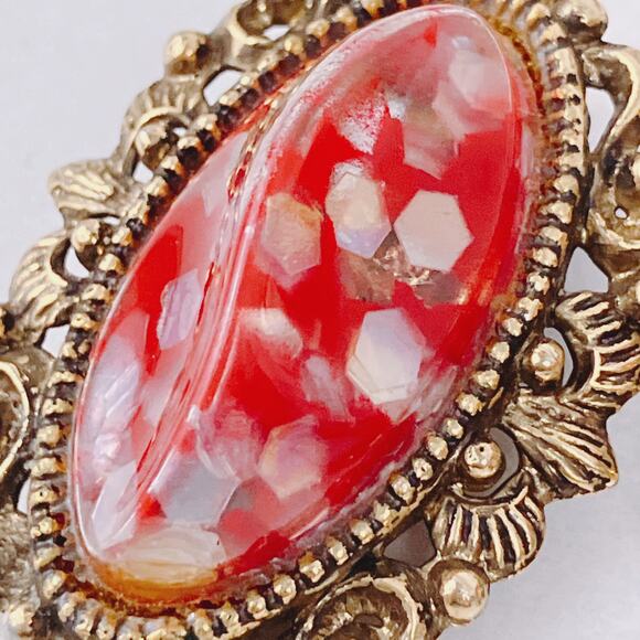 1960s Confetti Lucite Clip Earrings Red White Gold Tone Mid Century Jewelry - Picture 4 of 8